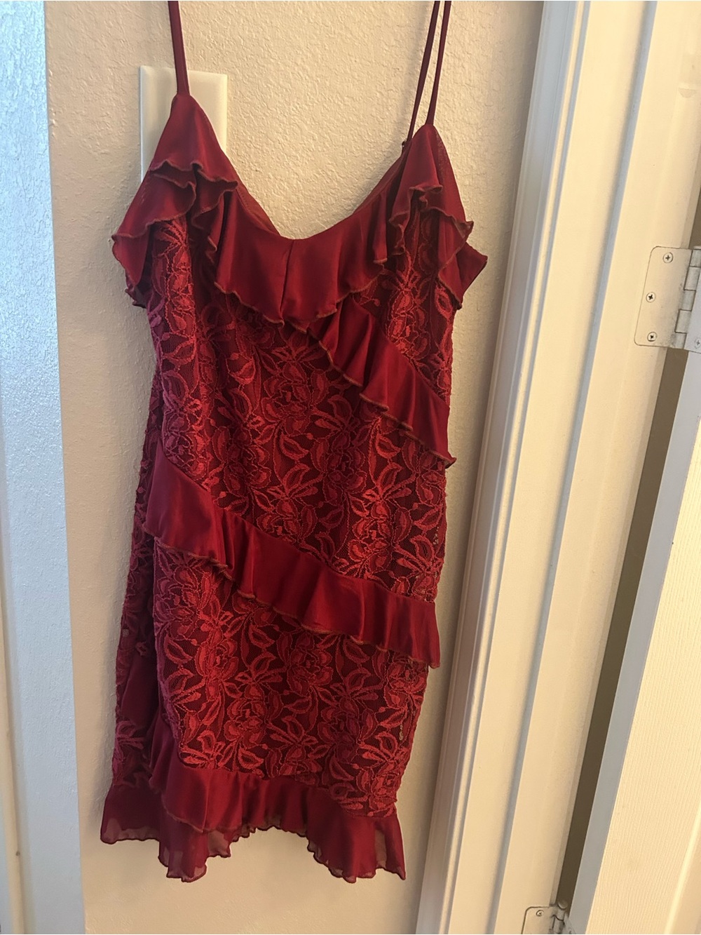 BCX Burgundy Lace Ruffle Mini Dress